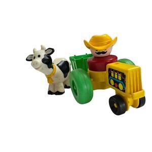 FISHER-PRICE Vintage Little People 1990 Tractor Trailer Cow Farmer Green Cowboy